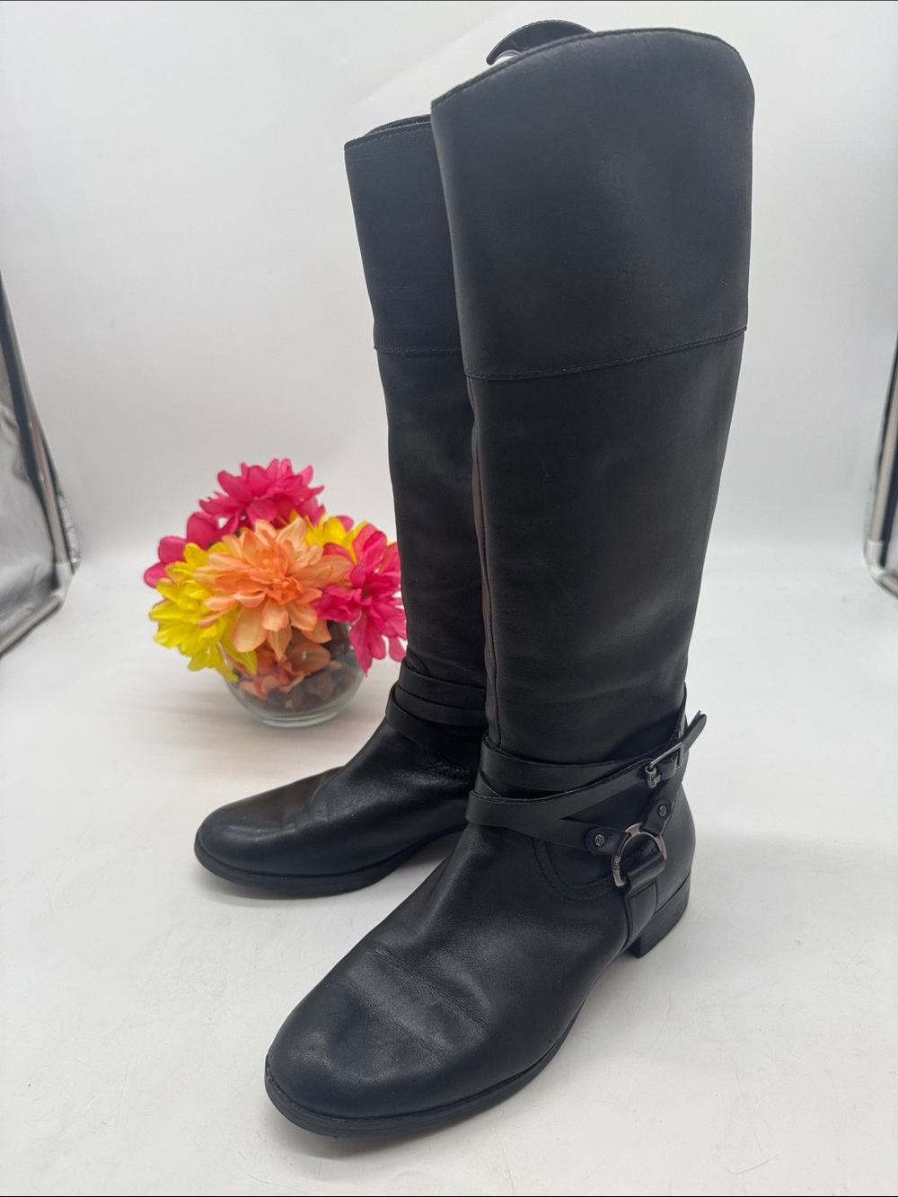 Lauren Ralph Lauren Savion Black Leather Knee-High Harness Boots Size 7
